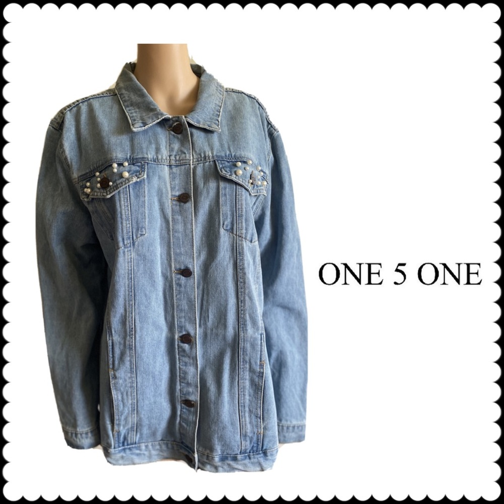 One5One Pearled Denim Light Blue Jacket EUC